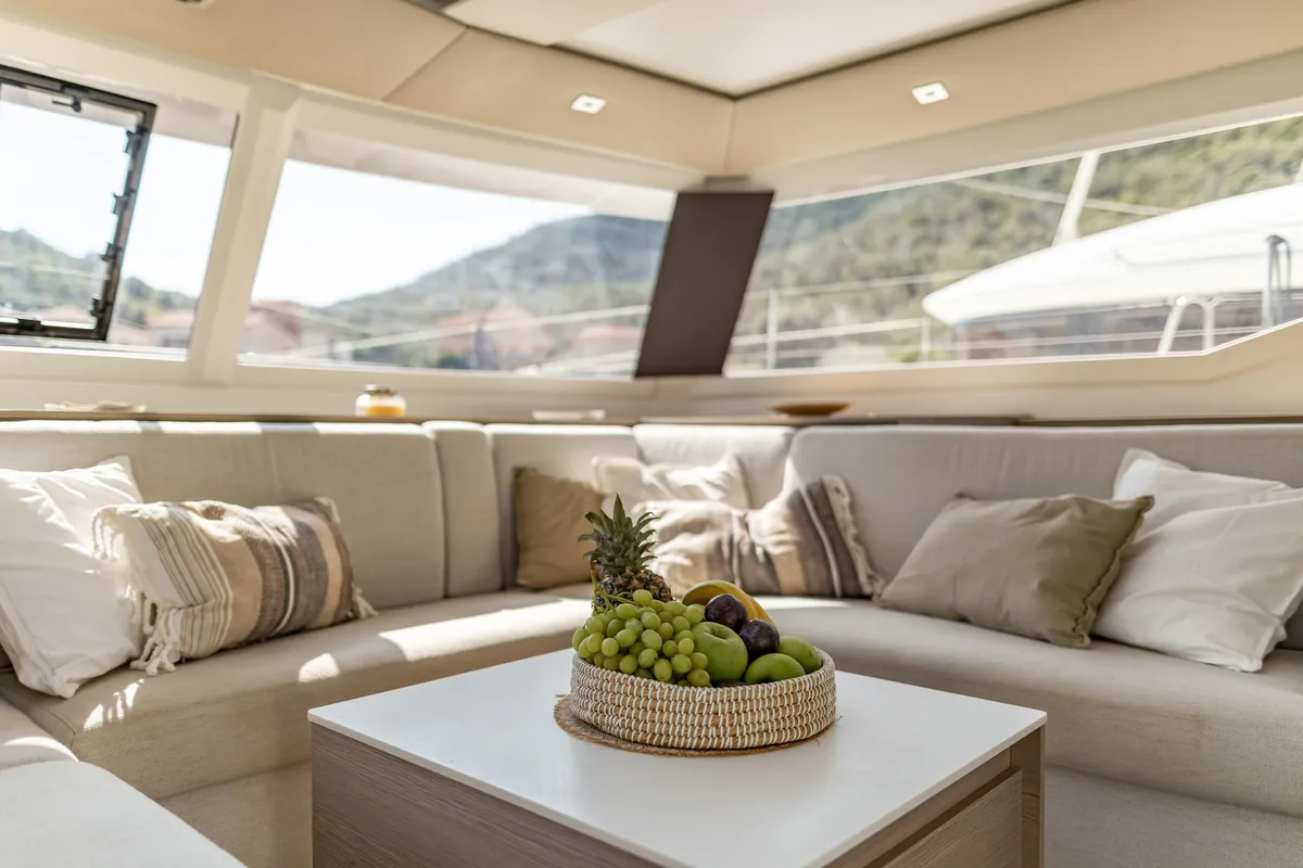 Salon of EQUINOX, a Fountaine Pajot Tanna 47 catamaran at Lefkada, Greece
