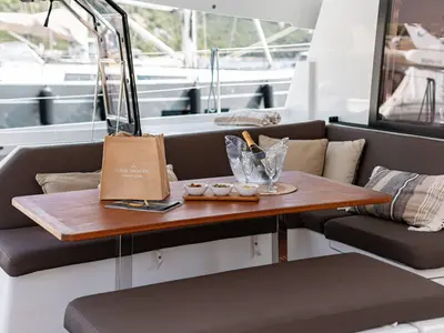 Deck of EQUINOX, a Fountaine Pajot Tanna 47 catamaran at Lefkada, Greece