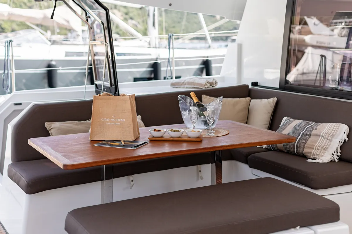Deck of EQUINOX, a Fountaine Pajot Tanna 47 catamaran at Lefkada, Greece