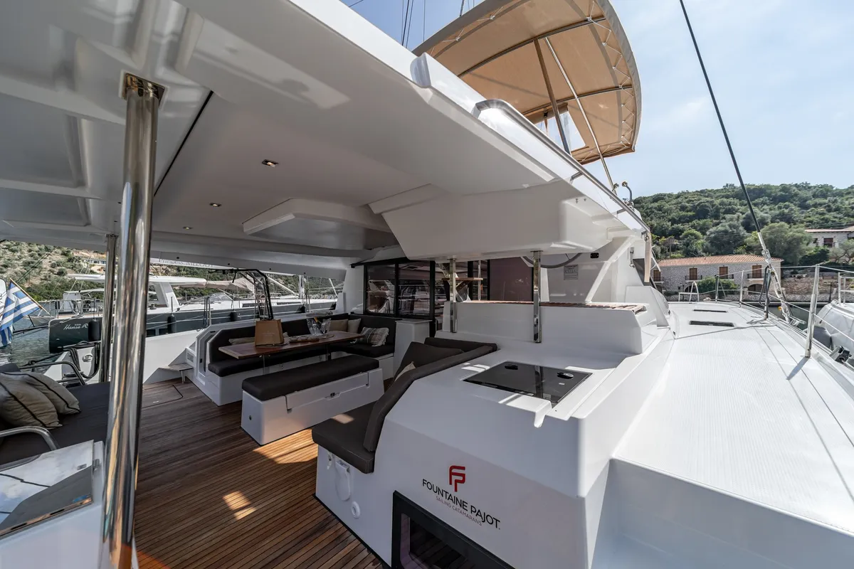 Deck of EQUINOX, a Fountaine Pajot Tanna 47 catamaran at Lefkada, Greece