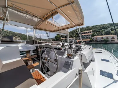 Cockpit of EQUINOX, a Fountaine Pajot Tanna 47 catamaran at Lefkada, Greece