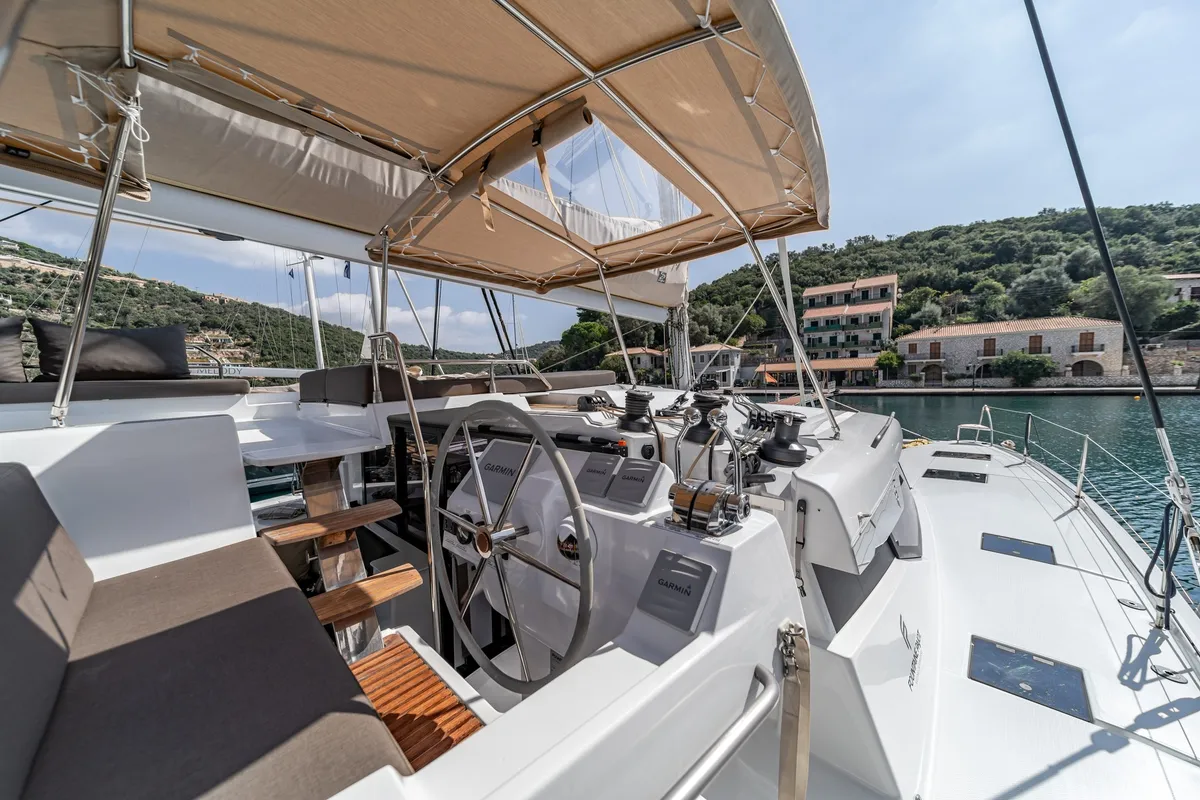 Cockpit of EQUINOX, a Fountaine Pajot Tanna 47 catamaran at Lefkada, Greece