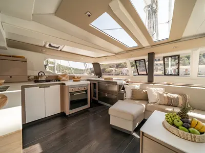 Galley of EQUINOX, a Fountaine Pajot Tanna 47 catamaran at Lefkada, Greece