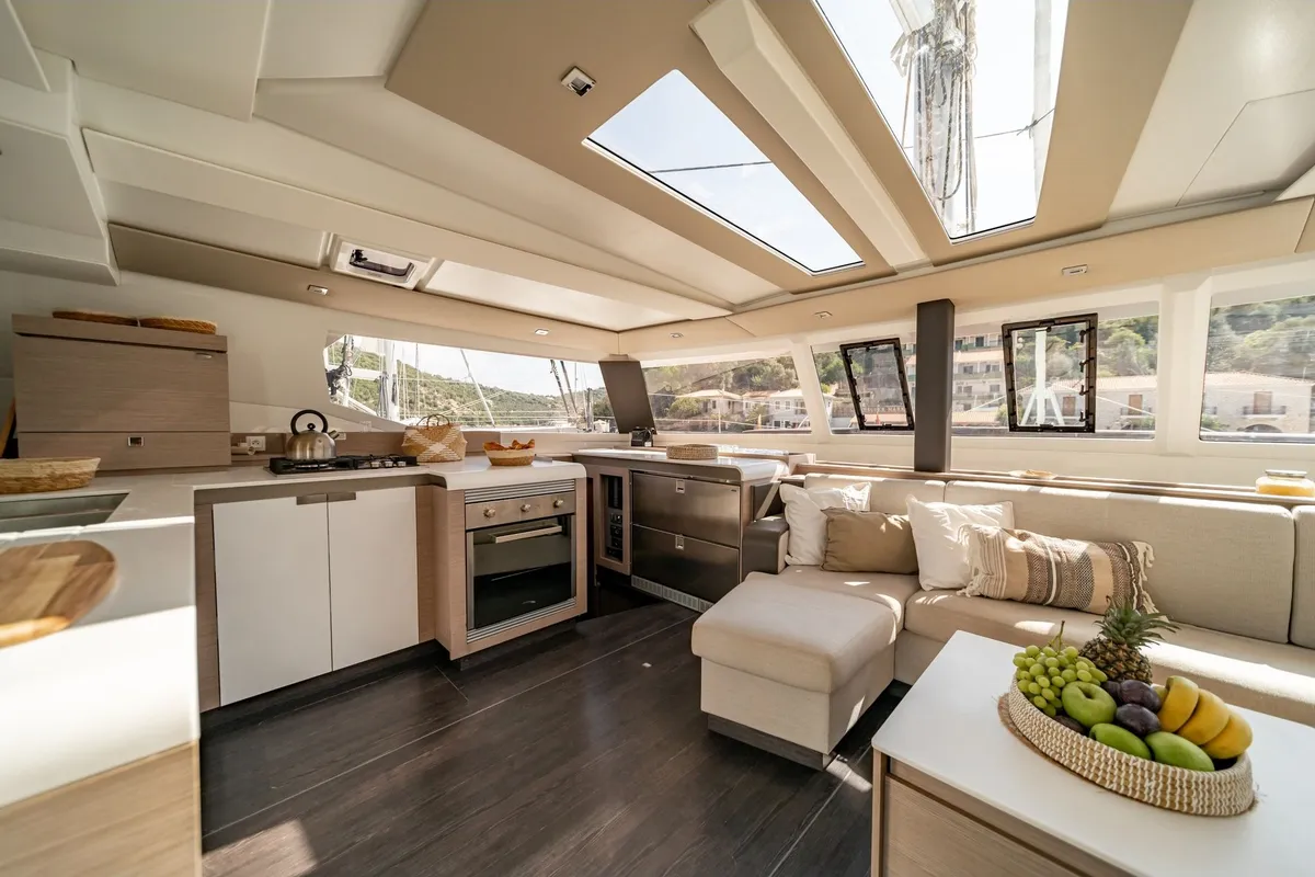 Galley of EQUINOX, a Fountaine Pajot Tanna 47 catamaran at Lefkada, Greece