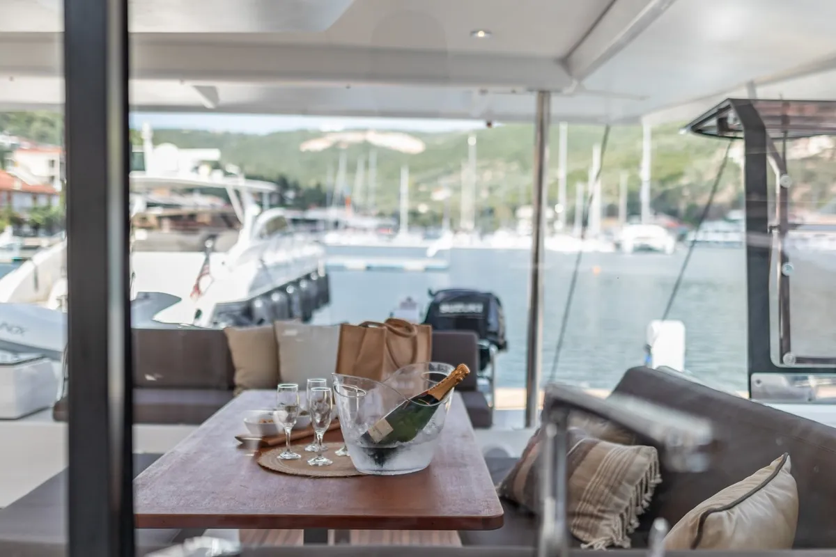 Deck of EQUINOX, a Fountaine Pajot Tanna 47 catamaran at Lefkada, Greece