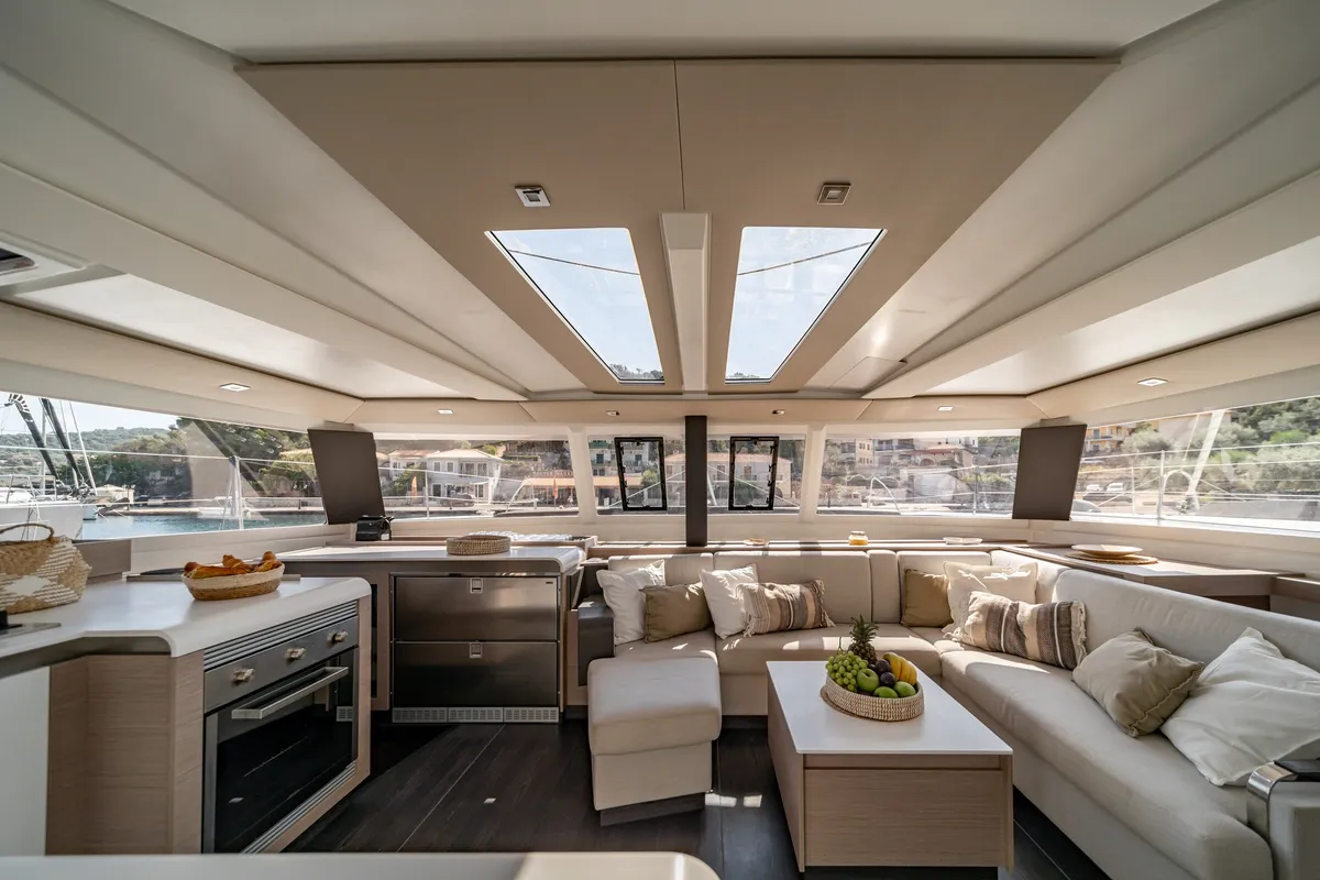 Salon of EQUINOX, a Fountaine Pajot Tanna 47 catamaran at Lefkada, Greece