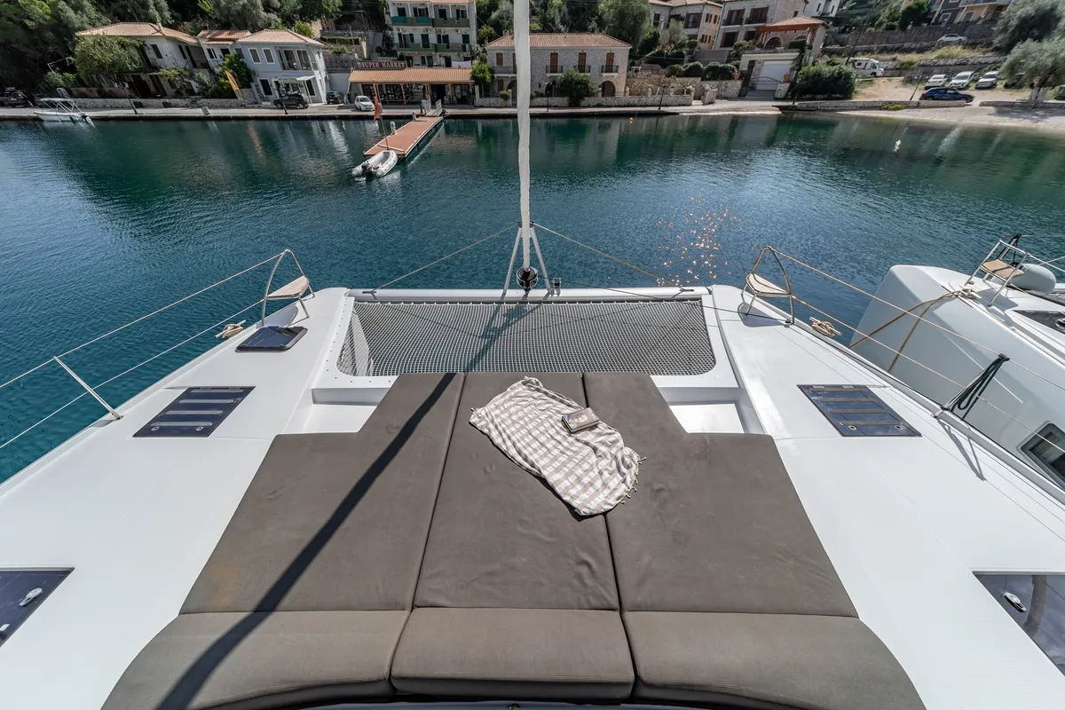 Deck of EQUINOX, a Fountaine Pajot Tanna 47 catamaran at Lefkada, Greece