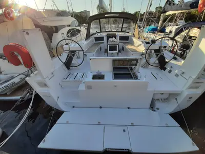 Cockpit of Albus, a Dufour 530 sailboat at Tonnarella, Italy
