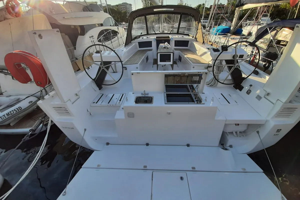 Cockpit of Albus, a Dufour 530 sailboat at Tonnarella, Italy