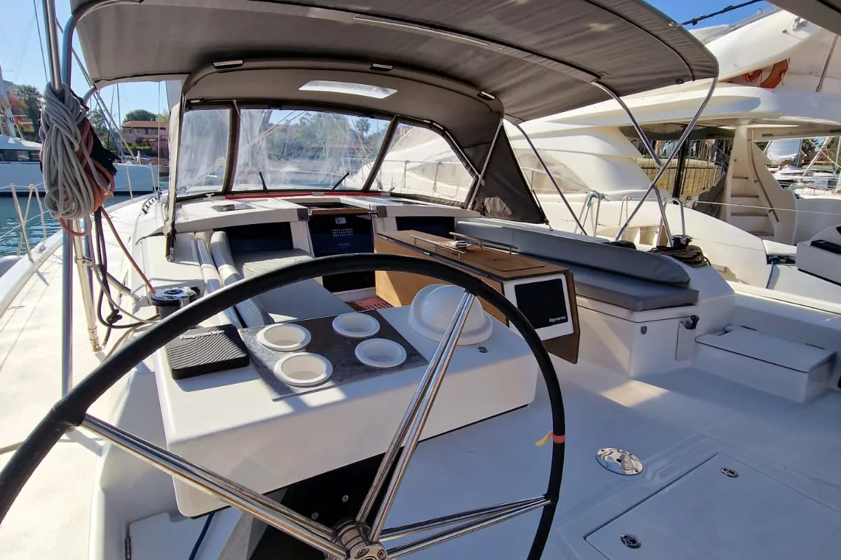 Cockpit of Albus, a Dufour 530 sailboat at Tonnarella, Italy