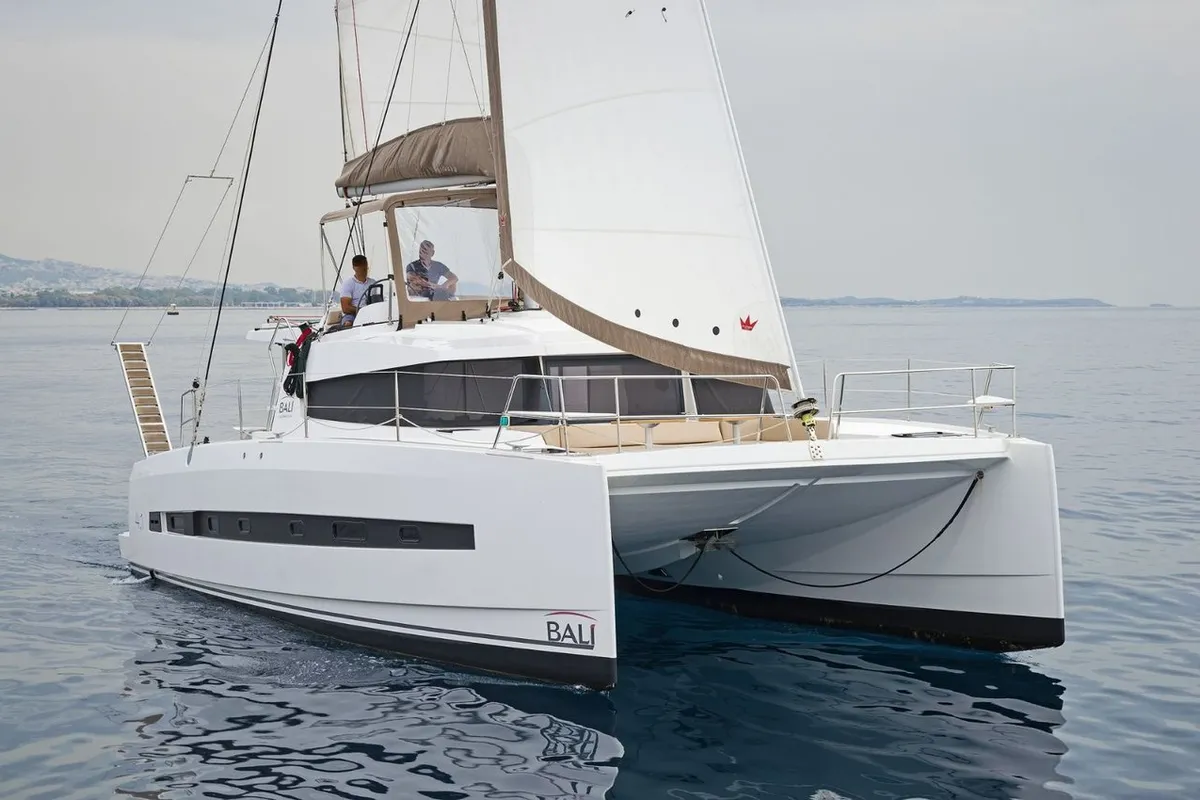 Golden Waters, a Bali 4.1 catamaran at Port of Avdira, Greece