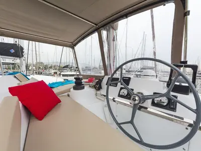 Golden Waters, a Bali 4.1 catamaran at Port of Avdira, Greece