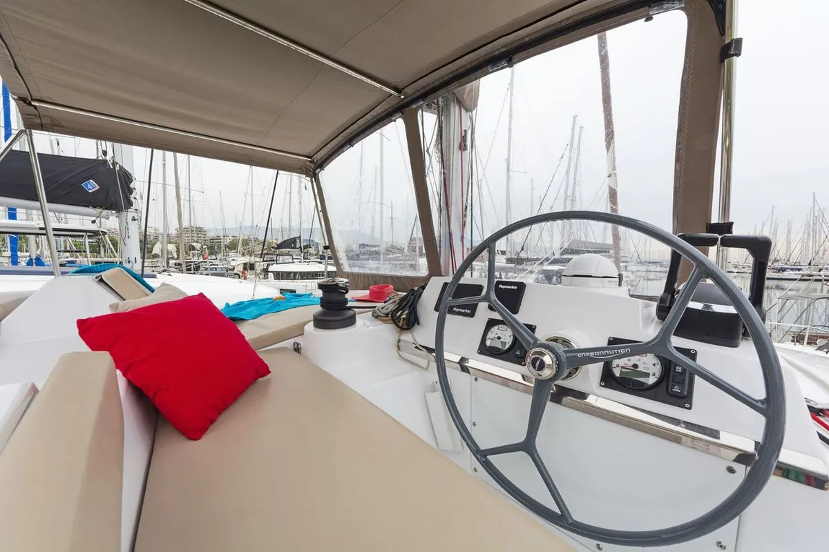 Golden Waters, a Bali 4.1 catamaran at Port of Avdira, Greece