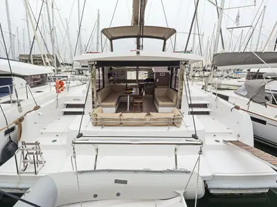 Golden Waters, a Bali 4.1 catamaran at Port of Avdira, Greece