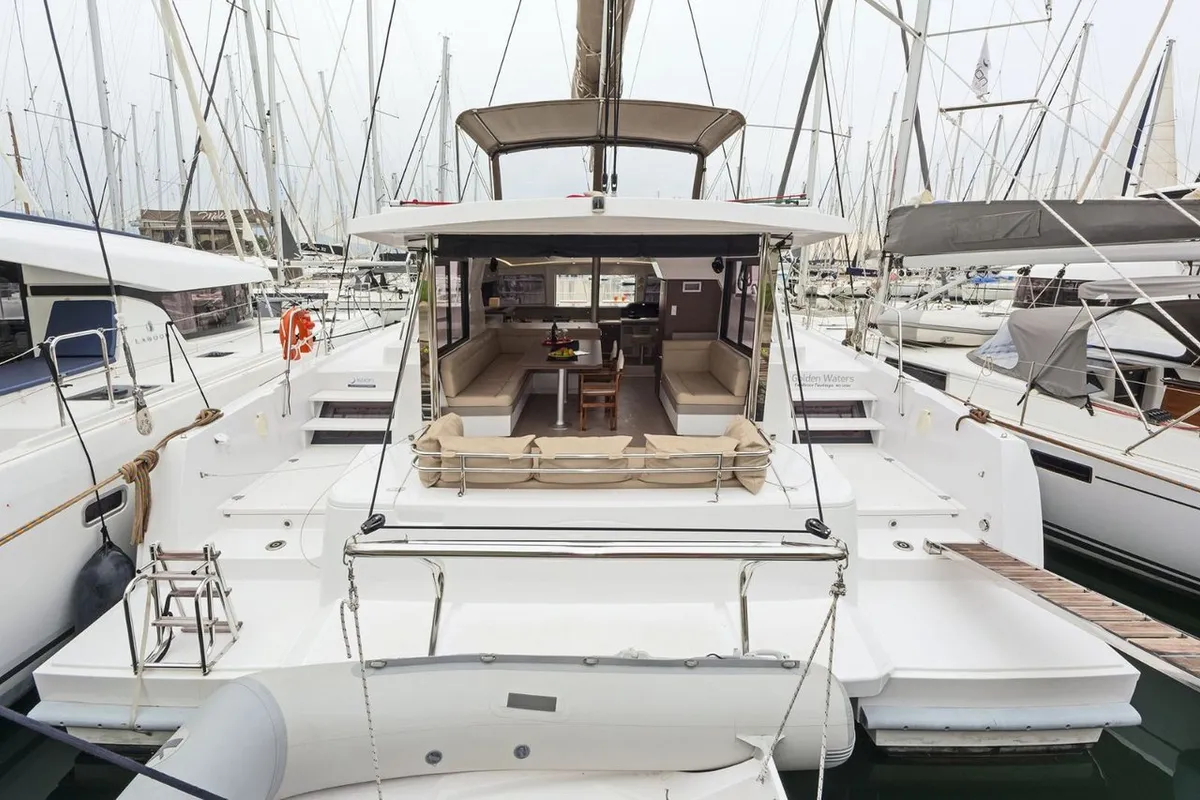 Golden Waters, a Bali 4.1 catamaran at Port of Avdira, Greece