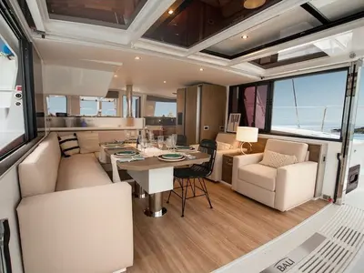 Salon of Silver Waters, a Bali 4.4 catamaran at Skiathos, Greece