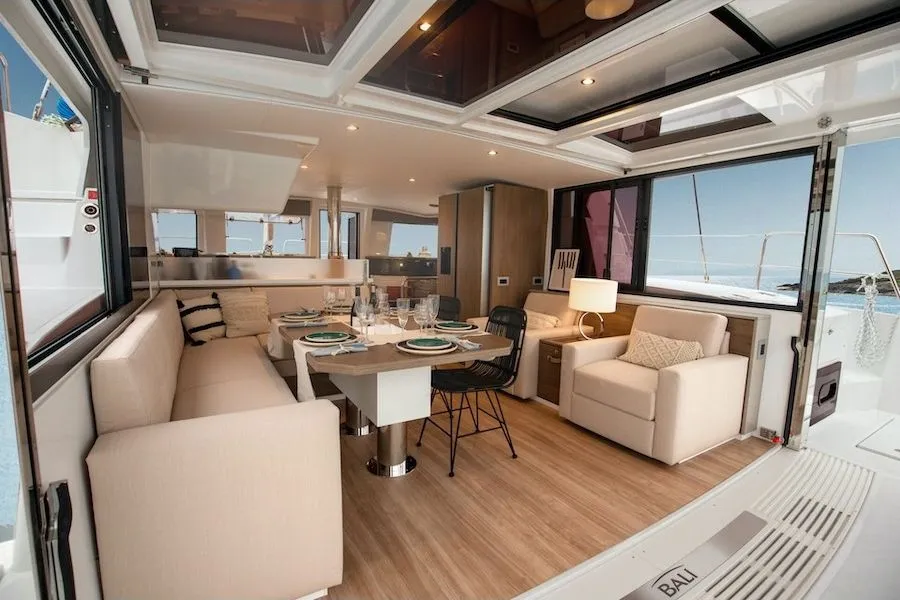Salon of Silver Waters, a Bali 4.4 catamaran at Skiathos, Greece
