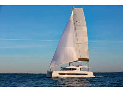 Exterior view of Silver Waters, a Bali 4.4 catamaran at Skiathos, Greece