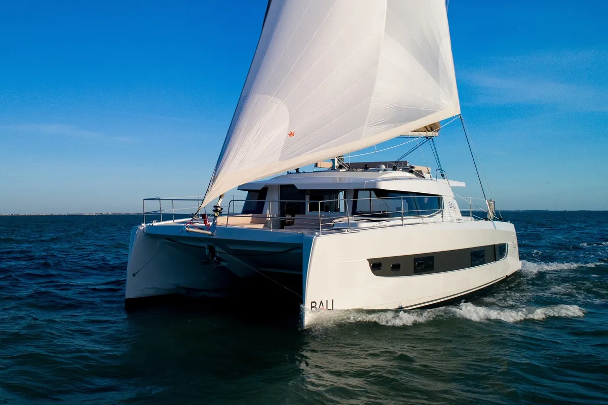 Exterior view of Silver Waters, a Bali 4.4 catamaran at Skiathos, Greece
