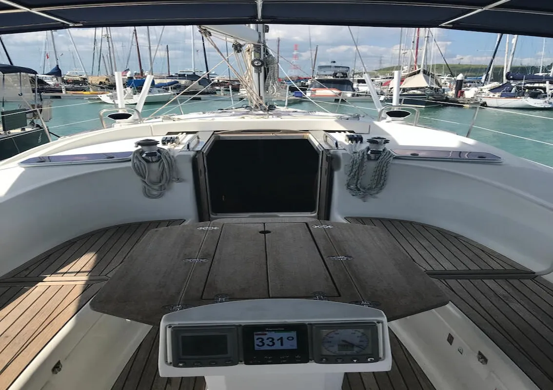 Deck of Inspiration, a Bavaria 40 Cruiser sailboat at Mai Khao, Thailand