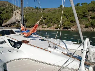 Deck of Montagu, a Privilege 51 catamaran at Santa Eulària des Riu, Spain
