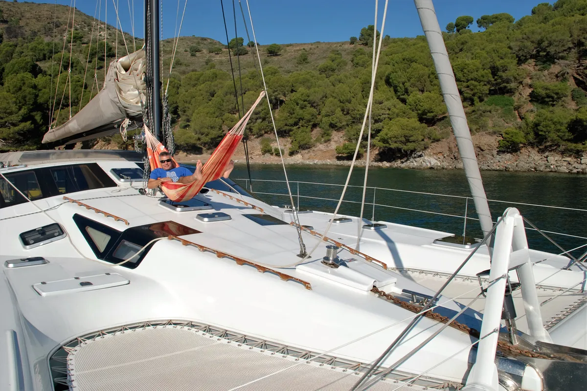 Deck of Montagu, a Privilege 51 catamaran at Santa Eulària des Riu, Spain