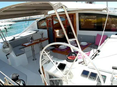 Cockpit of Montagu, a Privilege 51 catamaran at Santa Eulària des Riu, Spain