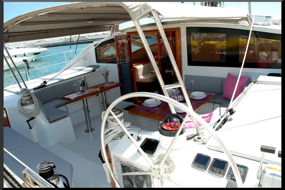 Cockpit of Montagu, a Privilege 51 catamaran at Santa Eulària des Riu, Spain
