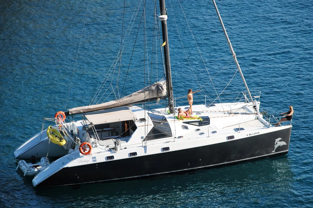 Exterior view of Montagu, a Privilege 51 catamaran at Santa Eulària des Riu, Spain