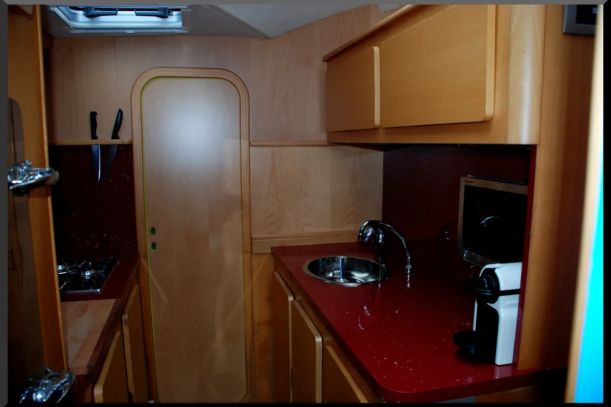 Galley of Montagu, a Privilege 51 catamaran at Santa Eulària des Riu, Spain