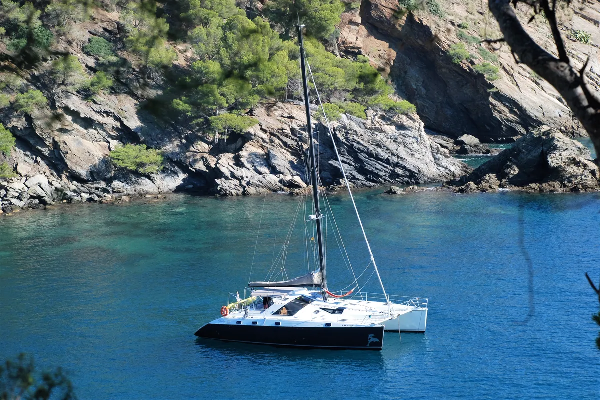 Exterior view of Montagu, a Privilege 51 catamaran at Santa Eulària des Riu, Spain
