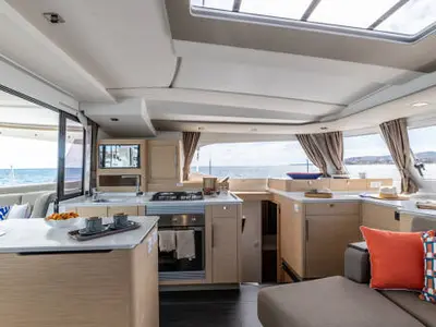 Galley of Blue Argo, a Fountaine Pajot New 44 catamaran at Parikia, Greece