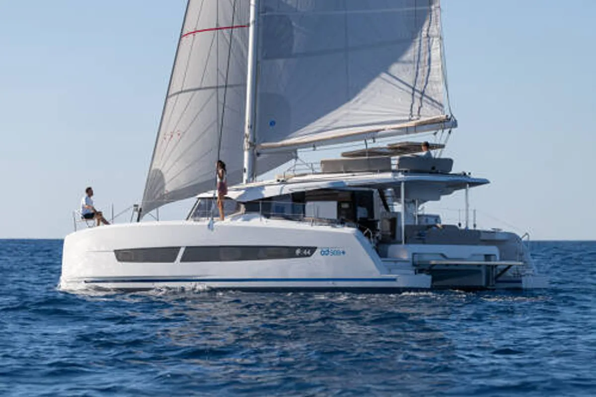 Exterior view of Blue Argo, a Fountaine Pajot New 44 catamaran at Parikia, Greece
