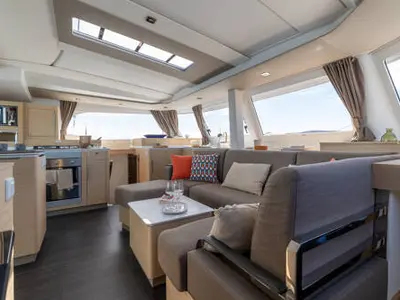 Salon of Blue Argo, a Fountaine Pajot New 44 catamaran at Parikia, Greece
