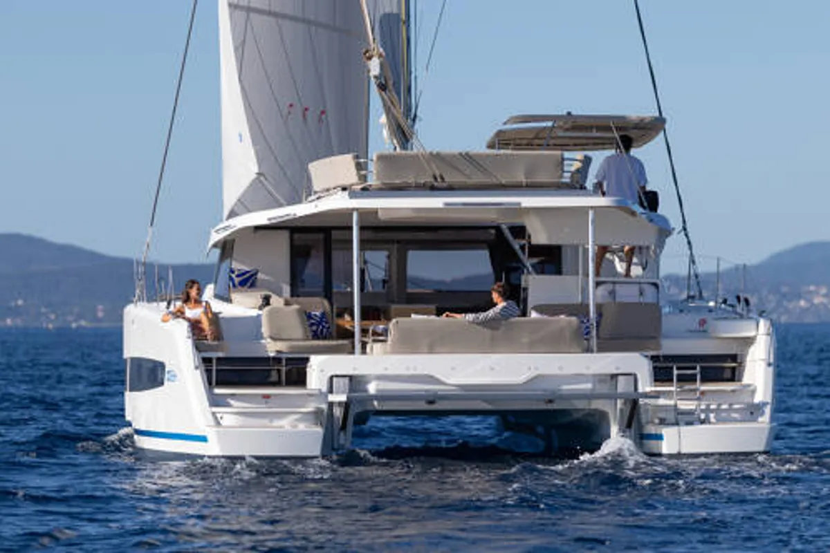 Exterior view of Blue Argo, a Fountaine Pajot New 44 catamaran at Parikia, Greece