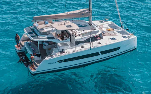Exterior view of Blue Argo, a Fountaine Pajot New 44 catamaran at Parikia, Greece