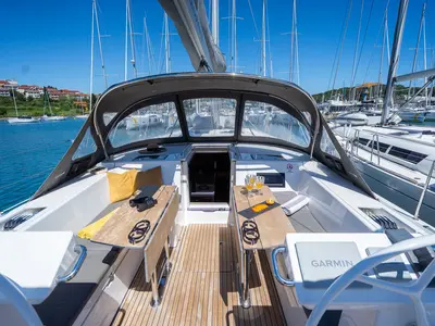 Cockpit of Aria, a Bavaria C45 Style sailboat at Pula, Croatia