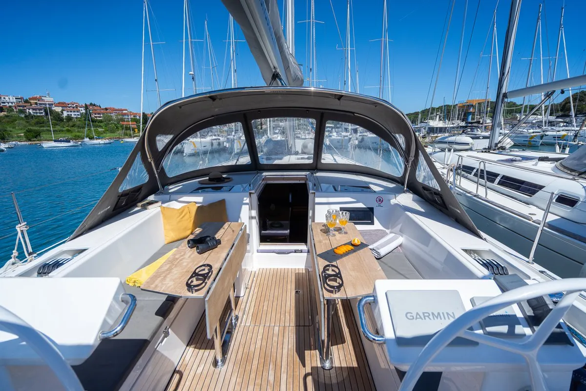 Cockpit of Aria, a Bavaria C45 Style sailboat at Pula, Croatia