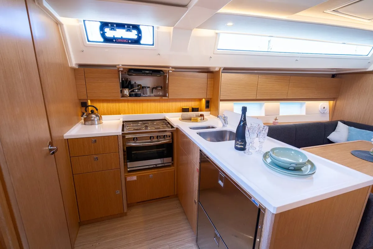 Galley of Aria, a Bavaria C45 Style sailboat at Pula, Croatia