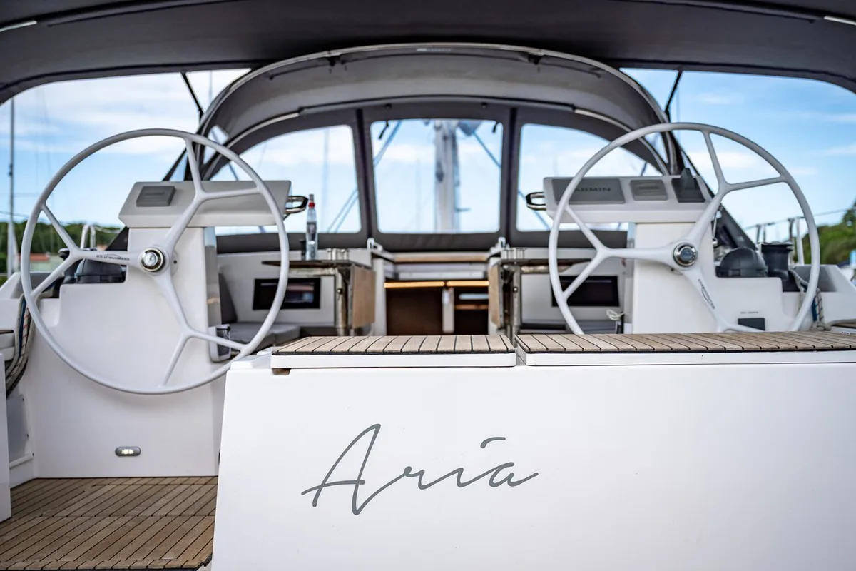 Cockpit of Aria, a Bavaria C45 Style sailboat at Pula, Croatia