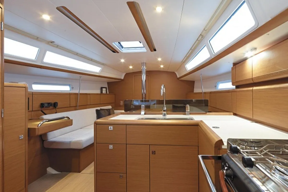 Galley of Sunsail 38 Classic, a Jeanneau Sun Odyssey 389 sailboat at Municipal Unit of Lefkada, Greece
