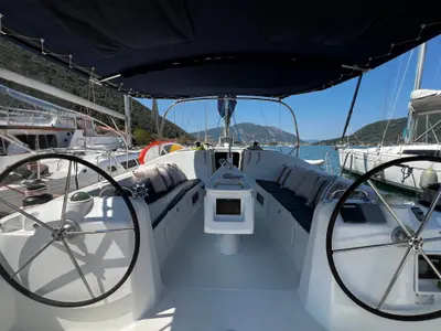 Cockpit of ROUALEYN, a Beneteau Oceanis 43 sailboat at Municipal Unit of Ellomenos, Greece