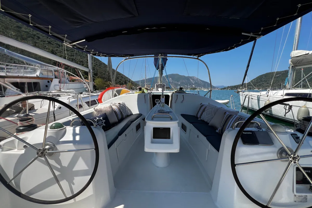 Cockpit of ROUALEYN, a Beneteau Oceanis 43 sailboat at Municipal Unit of Ellomenos, Greece