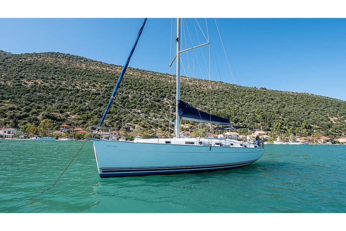 Exterior view of ROUALEYN, a Beneteau Oceanis 43 sailboat at Municipal Unit of Ellomenos, Greece