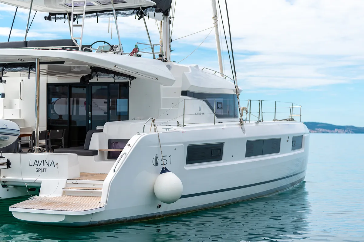 Exterior view of Lavina, a Lagoon 51 catamaran at Grad Kaštela, Croatia