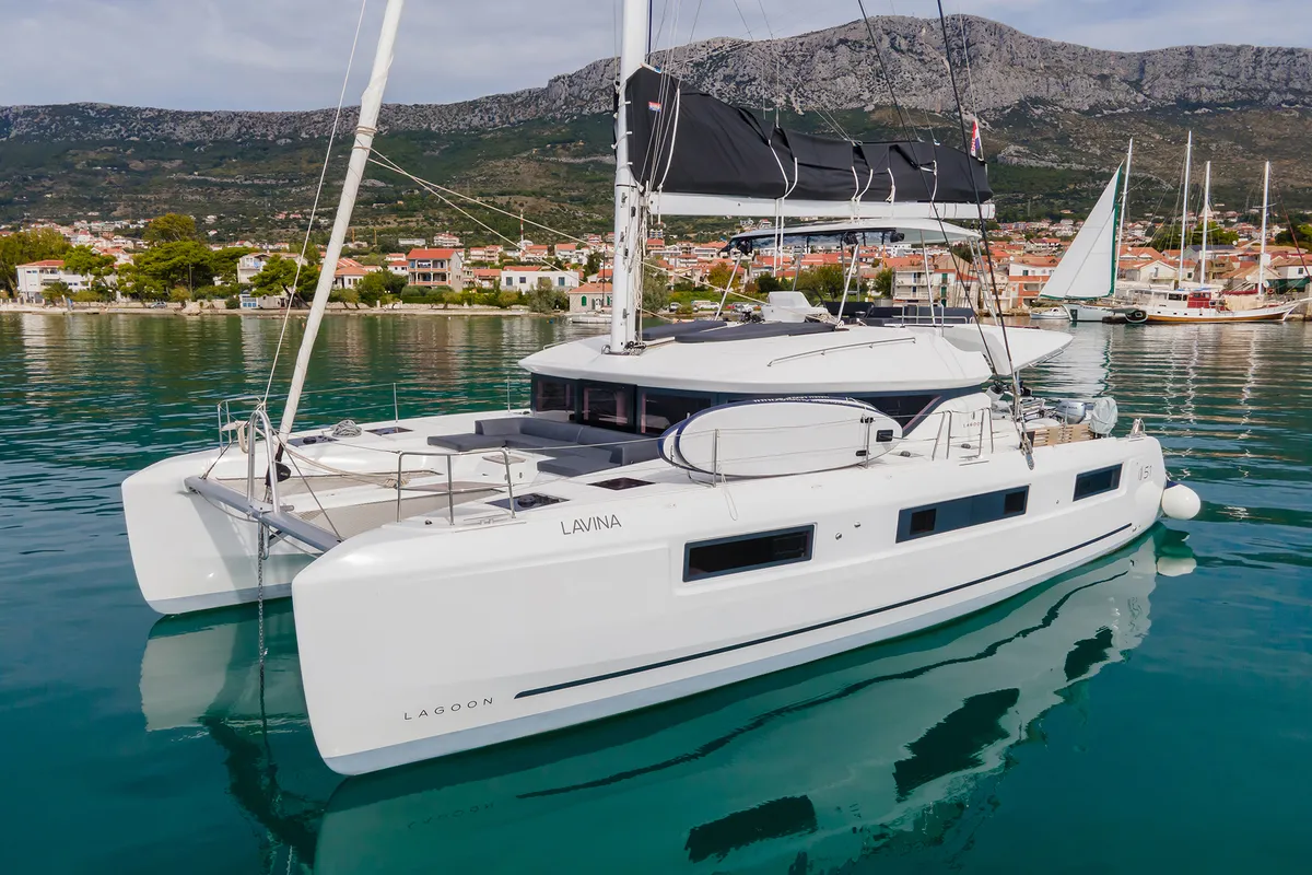 Exterior view of Lavina, a Lagoon 51 catamaran at Grad Kaštela, Croatia