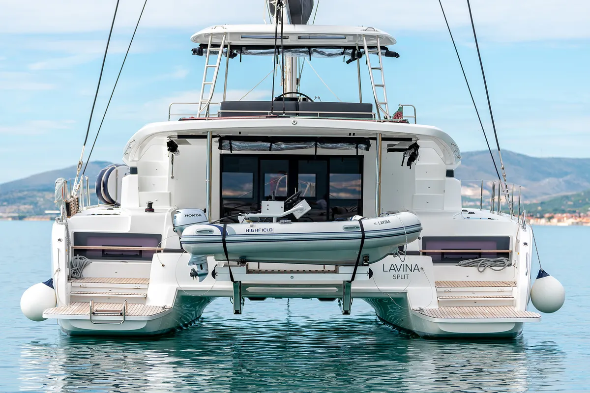 Exterior view of Lavina, a Lagoon 51 catamaran at Grad Kaštela, Croatia
