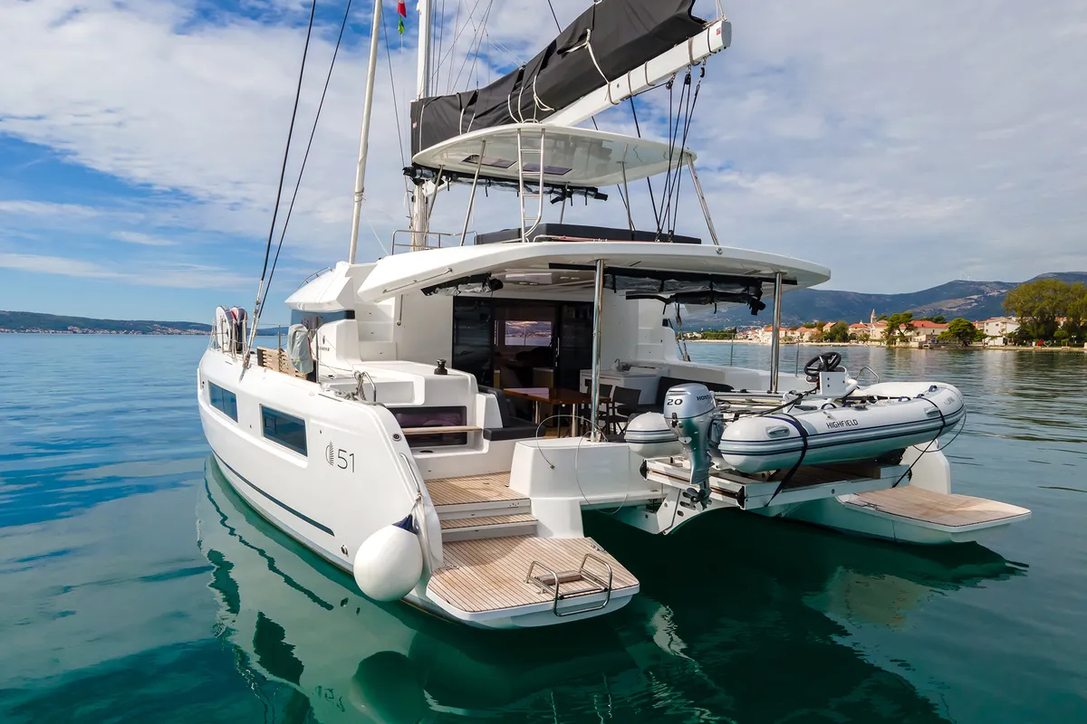 Exterior view of Lavina, a Lagoon 51 catamaran at Grad Kaštela, Croatia