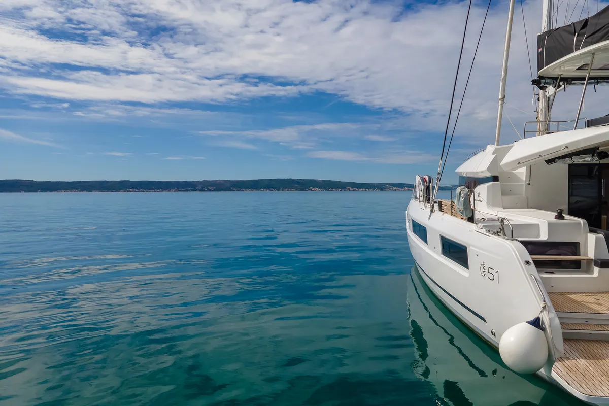 Exterior view of Lavina, a Lagoon 51 catamaran at Grad Kaštela, Croatia