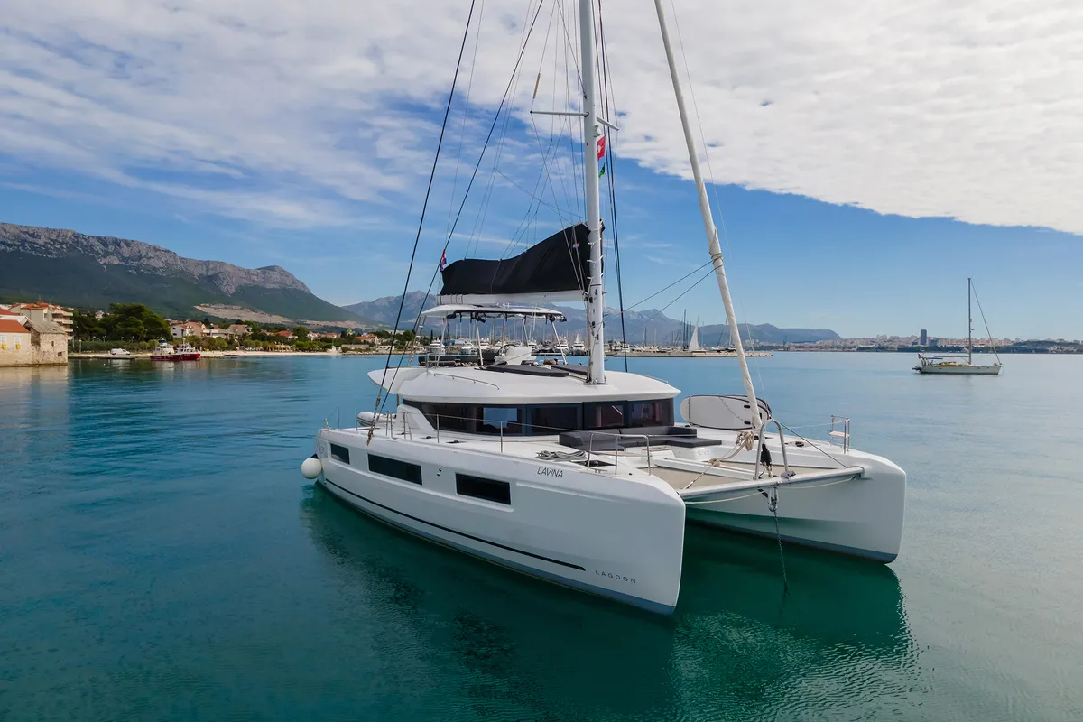 Exterior view of Lavina, a Lagoon 51 catamaran at Grad Kaštela, Croatia